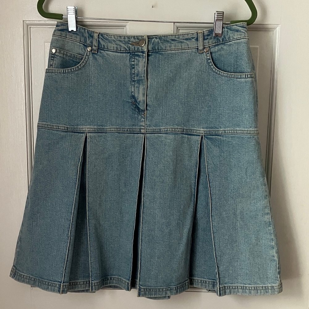Escada vintage 90s faded blue denim pleated schoolgirl skirt 10 (40)